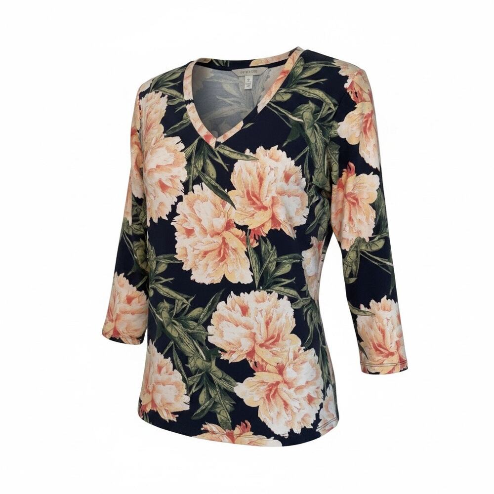 Chico’s Navy Floral V-Neck Top Soft Stretch 3/4 Sleeve Size 2 Resort Travel
